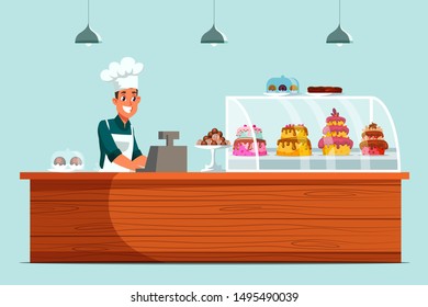Confectionery flat vector illustration. Store cheerful cashier cartoon character. Confection sale business, candy shop. Smiling friendly seller in chef cap