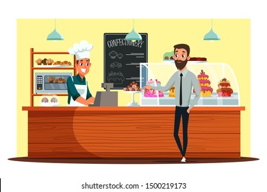 Confectionery flat vector illustration. Store customer and cheerful cashier cartoon characters. Confection sale business, candy shop. Smiling young man buying sweets, friendly seller in chef cap