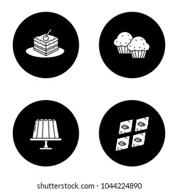 Confectionery glyph icons set. Coffee house menu. Tiramisu, cupcakes, jelly pudding, baklava. Vector white silhouettes illustrations in black circles