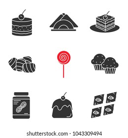 Confectionery glyph icons set. Silhouette symbols. Tiramisu, cake, table napkins, marshmallow, lollipop, cupcakes, peanut butter, panna cotta, baklava. Vector isolated illustration