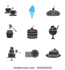 Confectionery glyph icons set. Silhouette symbols. Hot drink, ice cream, strudel, honey jar, tiramisu, chocolate fountain, sandwich cookies, cheesecake. Vector isolated illustration