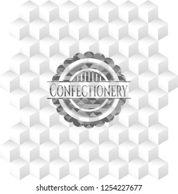 Confectionery grey badge with geometric cube white background