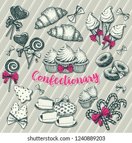 Confectionery hand drawn illustrations set. Ink sketch desserts cliparts and lettering. Doodle cakes, lollipops, croissants. Cafe, pastry shop, bakery menu, banner, poster engraving design elements