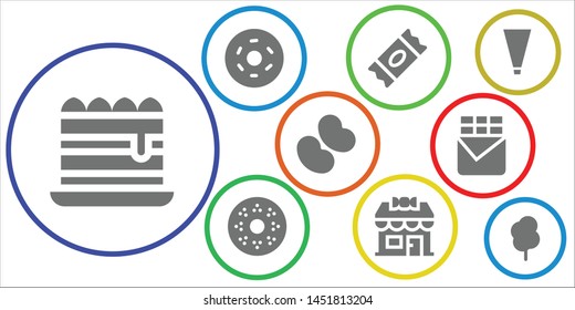 confectionery icon set. 9 filled confectionery icons.  Collection Of - Tiramisu, Doughnut, Sugar, Candy shop, Jelly beans, Chocolate bar, Piping bag, Cotton candy