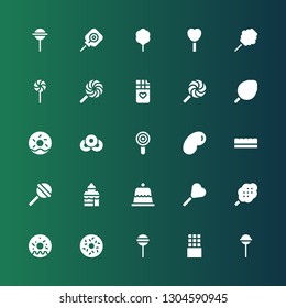 confectionery icon set. Collection of 25 filled confectionery icons included Lollipop, Chocolate bar, Doughnut, Cotton candy, Dessert, Bakery shop, Jelly beans