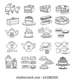 Confectionery icon. Set of cute various desserts icons. Flat design vector illustration. Sweet baked goods, biscuits isolated on white background. For bakery shop recipes, pastry  or confectionery.