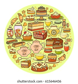 Confectionery icon. Set of cute various desserts icons. Flat design vector illustration. Sweet baked goods, biscuits isolated on light background. For bakery shop recipes, pastry. Circle background.
