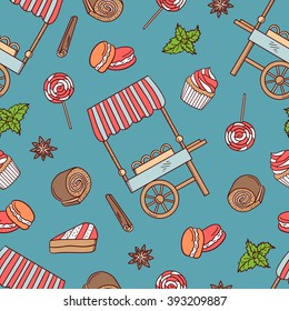 Confectionery icons hand drawn seamless pattern. Colorful background with food set. Backdrop with cupcakes, macaroon and trolley for sweets. Decorative wallpaper, good for printing