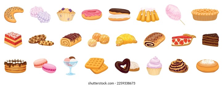 Confectionery icons set cartoon vector. Sweet-shop cake. Bakery food