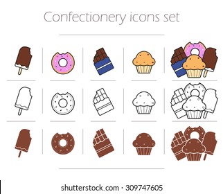 Confectionery icons set. Ice cream thin line drawing symbol. Bitten sweet donut color illustration. Cupcake and chocolate bar silhouette contour pictograms. Food infographics isolated vector elements