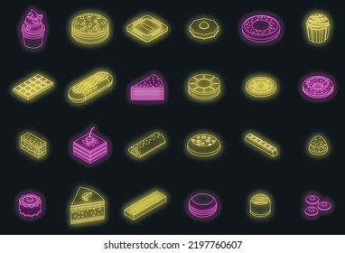 Confectionery icons set. Isometric set of confectionery vector icons neon color on black