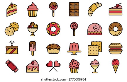 Confectionery icons set. Outline set of confectionery vector icons thin line color flat on white