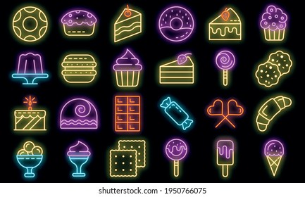 Confectionery icons set. Outline set of confectionery vector icons neon color on black