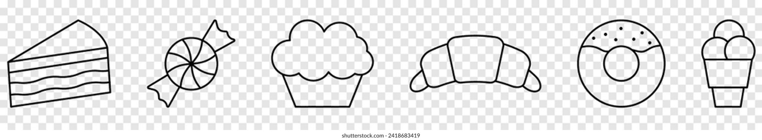 Confectionery icons set. Sweets coutline collection. Vector illustration isolated on transparent background
