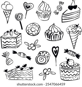 confectionery illustrations. charcoal drawing on white background. sweets, candies, pies, cakes illustrations. chrismas set. thick lines drawing. line art. dessert set.