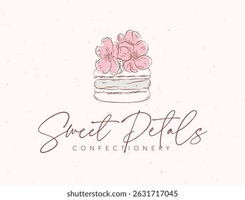 Confectionery label design with lettering sweet petals drawing in floral style on beige background