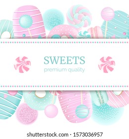 Confectionery label set with text on stripe. blue and pink. Marshmallow, macaroon, donuts, ice cream, lollipop, copy space, text.  