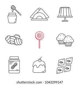 Confectionery Linear Icons Set. Contour Symbols. Honey Jar, Jelly Pudding, Table Napkins, Marshmallow, Lollipop, Cupcakes, Peanut Butter, Panna Cotta, Baklava. Isolated Vector Outline Illustrations