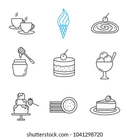 Confectionery Linear Icons Set. Thin Line Contour Symbols. Hot Drink, Ice Cream, Strudel, Honey Jar, Tiramisu, Chocolate Fountain, Sandwich Cookies, Cheesecake. Isolated Vector Outline Illustrations