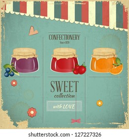 Confectionery Menu Card in Retro style - Jam  marmalade  Dessert on Vintage Background - Vector illustration