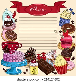 Confectionery menu. Hand drawn vector illustration.