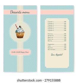 Confectionery menu template with watercolor cupcake illustration in retro style