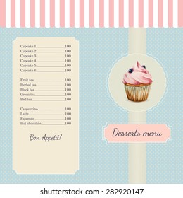 Confectionery menu template with watercolor cupcake illustration in retro style