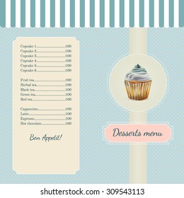 Confectionery menu template with watercolor cupcake illustration in retro style