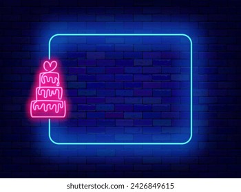 Confectionery neon advertising. Continuous one line drawing. Pink wedding three-tiered cake and empty blue frame. Sweet bar flyer. Copy space. Editing text. Vector stock illustration