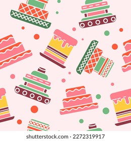 Confectionery and pastry desserts with glazing and topping. A tasty meal with cream, cakes from bakery shop for holiday or birthday. Seamless pattern or background print. Vector in flat style