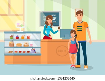 Confectionery, Pastry Shop Flat Color Illustration. Woman and Man with Child Cartoon Characters. Candy Store Employee behind Counter with Delicious Sweets. Father Buying Dessert for Daughter