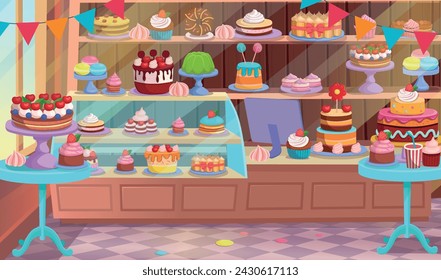 Confitería. Interior de la pastelería. Café o tienda de dulces. Los pasteles y la bollería están en las estanterías. Juego de pasteles y pasteles de vacaciones. Feliz cumpleaños.Сcaricatura 