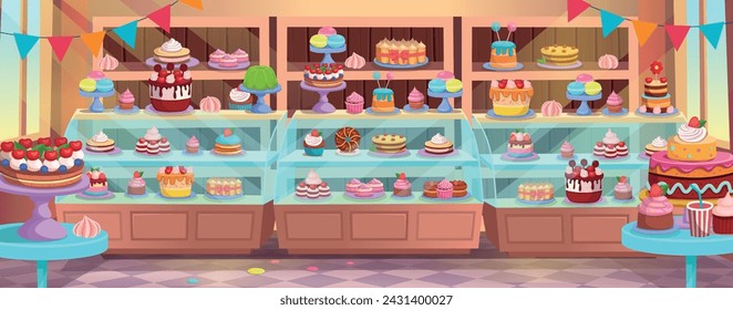 Confectionery. Pastry shop interior inside. Cafe or Candy store. Cakes and pastries are on the shelves. Set of holiday cakes and pastries. Happy birthday.Сartoon 