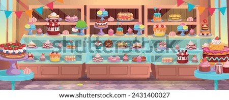 Confectionery. Pastry shop interior inside. Cafe or Candy store. Cakes and pastries are on the shelves. Set of holiday cakes and pastries. Happy birthday.Сartoon 