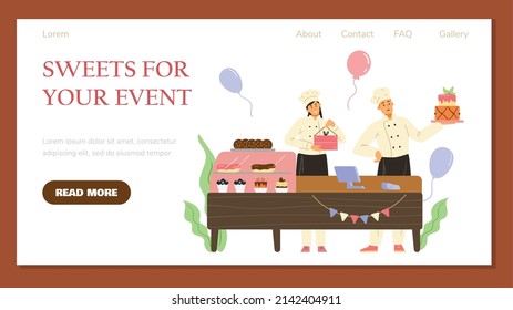 Confectionery and pastry shop, making sweets for events website interface layout with cartoon pastry-cooks, flat vector illustration. Sweet pastries and desserts.