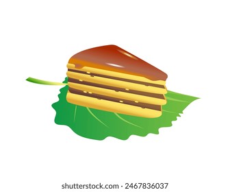 Confectionery. Piece of layer cake on green leaf. Vector illustration