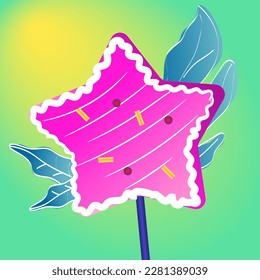 confectionery pink festive gingerbread on a stick with green leaves on a green background