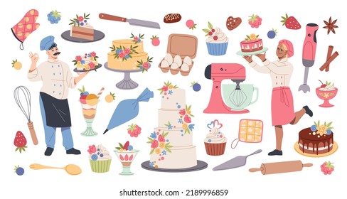 Confectionery products. Confectioneries desserts, professional tools, funny pastry cookers, man and woman chefs characters, wedding and birthday cake tidy vector cartoon flat bakery set