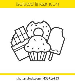 Confectionery products linear icon. Thin line illustration. Sweets. Chocolate bar, bitten doughnut, muffin with raisins and ice cream contour symbol. Vector isolated outline drawing