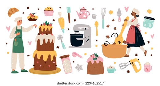 Confectionery products. Sweets and desserts makers. Pastries ingredients. Confectionery characters. Baker cooking cake. Cupcakes and croissants. Chef baking muffins