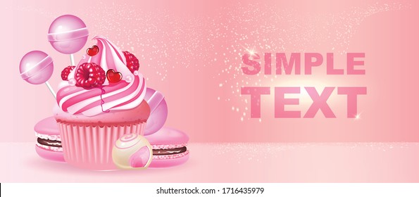 Confectionery realistic vector product ads banner template. Cupcake, macaroons and candies 3d mock up design. Sweet stuff advertisement horizontal printable flyer, brochure with text space