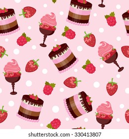 Confectionery seamless pattern. Beautiful cake, strawberries with cream, strawberries and raspberries around, on pink background