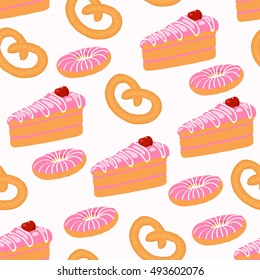 Confectionery seamless pattern. Cakes, doughnuts. Vector illustration.