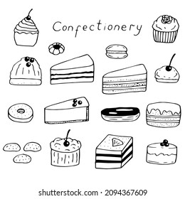 Confectionery set of cakes vector illustration, hand drawing doodles