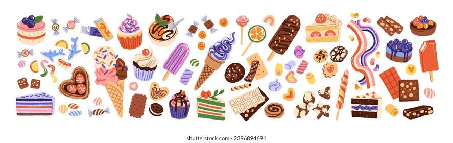 Confectionery set. Cute desserts: candies, icecream, cookies. Sweet lollipops, slices of cake, chocolate, marshmallow, marmalade worms. Flat isolated hand drawn vector illustration on white background