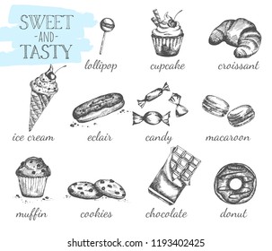Confectionery set. Fresh and tasty dessert set. Poster. Menu. Vector illustration.