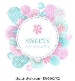 Confectionery set. Round label badge sweets. Macaroon, marshmallow, donuts, ice cream, lollipop