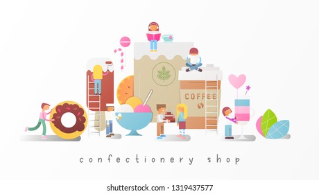 Confectionery Shop Banner with Small Size Cartoon People and Big Sweets, Pastry and Desserts. Vector Illustration.