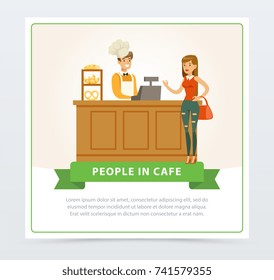 Confectionery shop with bartender serving female visitor, people in cafe banner flat vector elements for website or mobile app