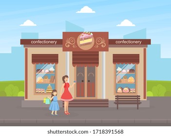 Confectionery Shop Building Facade, View of City Street with Walking People, Urban Summer Landscape Vector Illustration